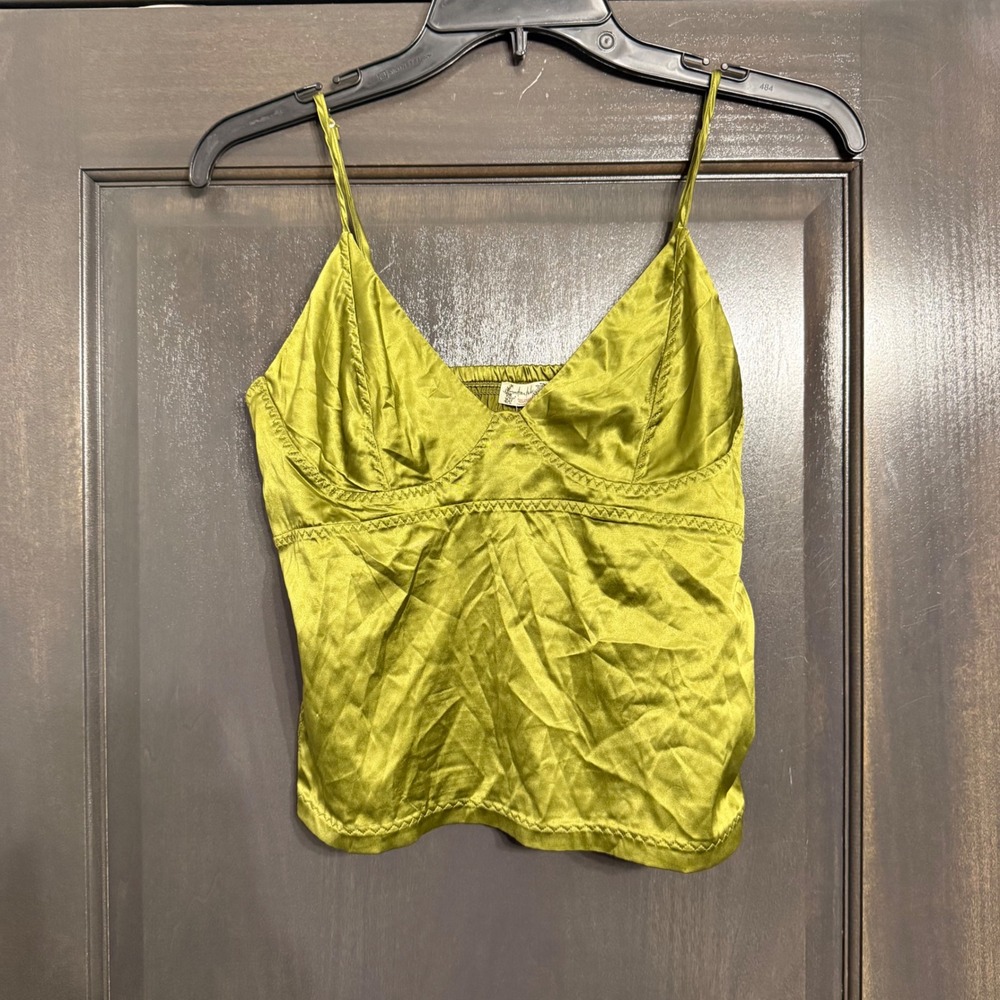 Free People Women Chartreuse Green Satin Smocked Back Camisole Top Size M NWT